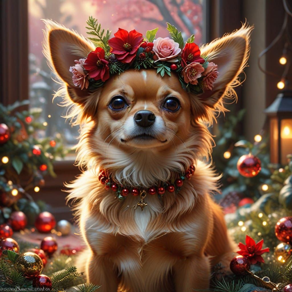 Luminous Tan Chihuahua in a Whimsical Christmas Wonderland