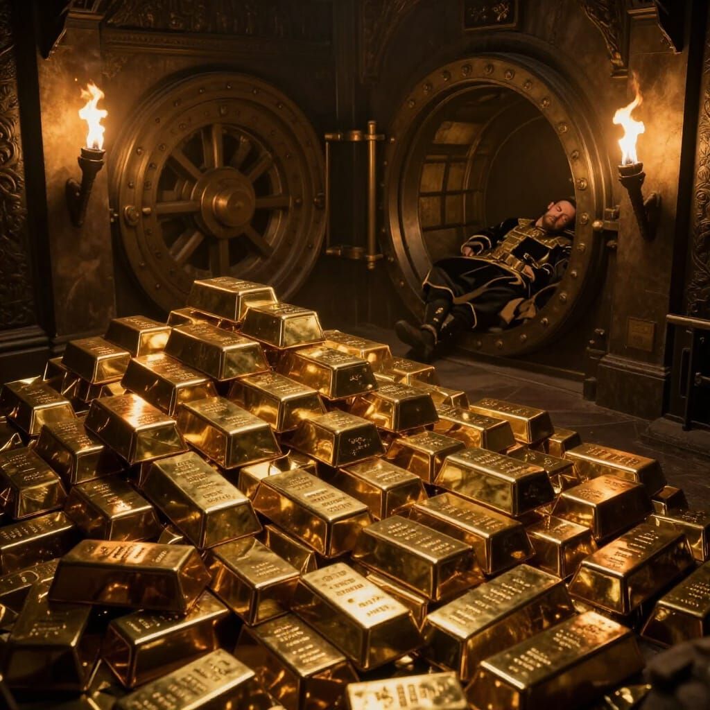 Gleaming Gold Vault with Sleeping Guard in Chiaroscuro Style