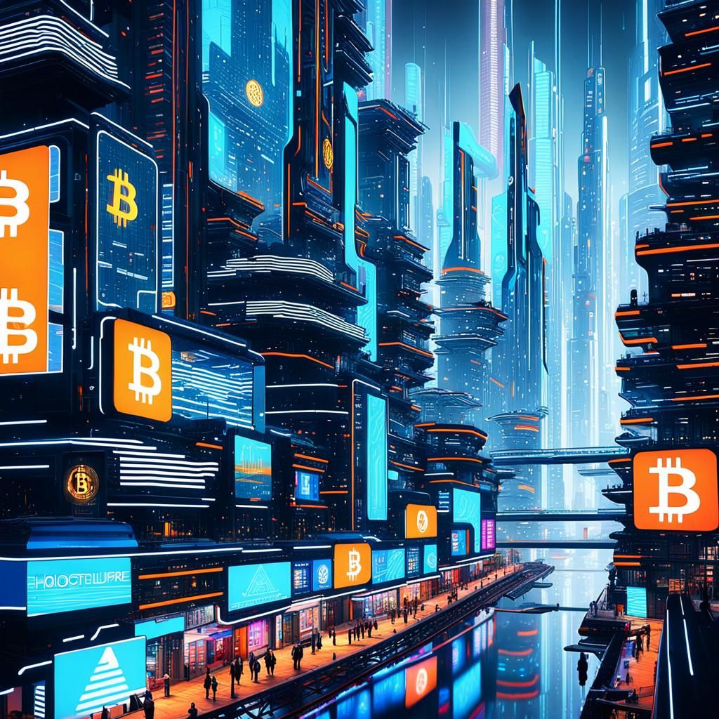 Cyberpunk Cityscape with Neon Lights and Bitcoin Logos