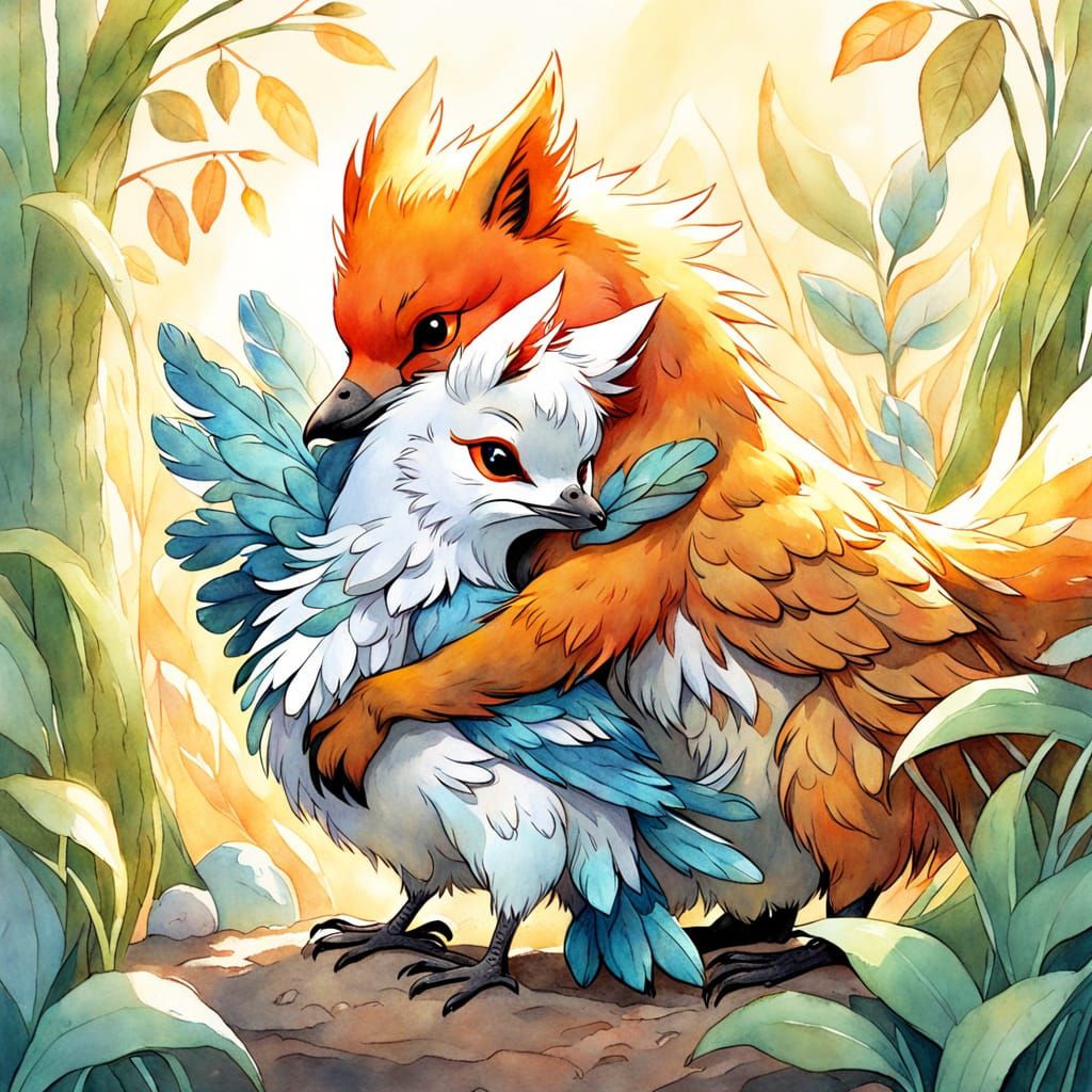 Whimsical Watercolor of Chicken and Fox Hugging