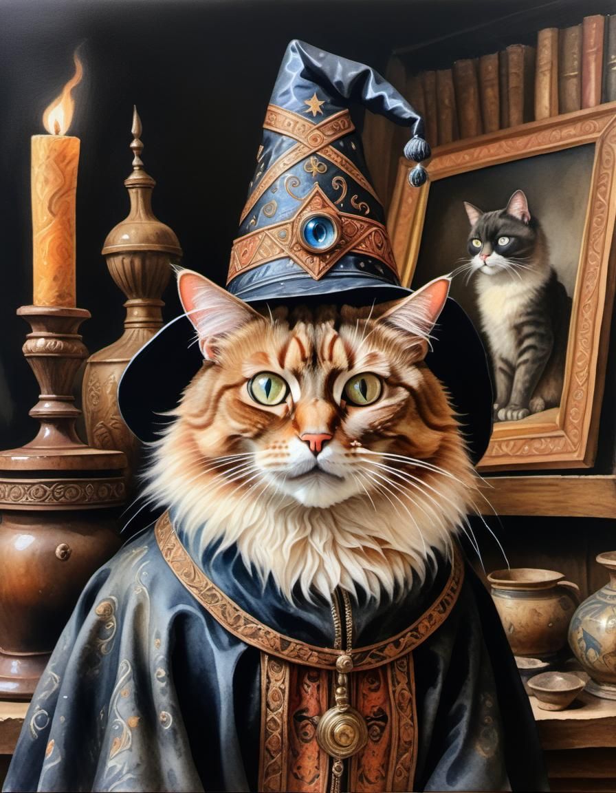 Anthropomorphic Cat Wizard in Watercolor Style
