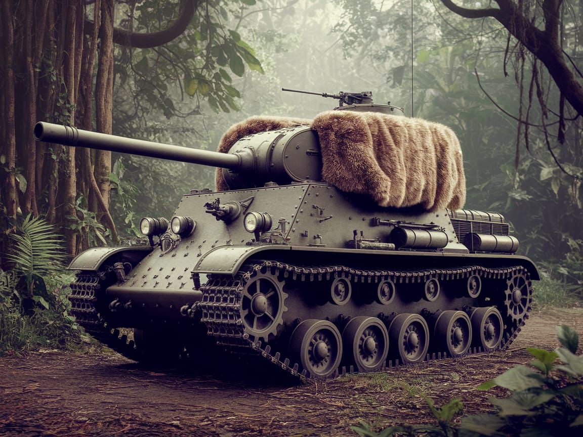 Vintage Tank with Jaguar Fur Armor in Rainforest