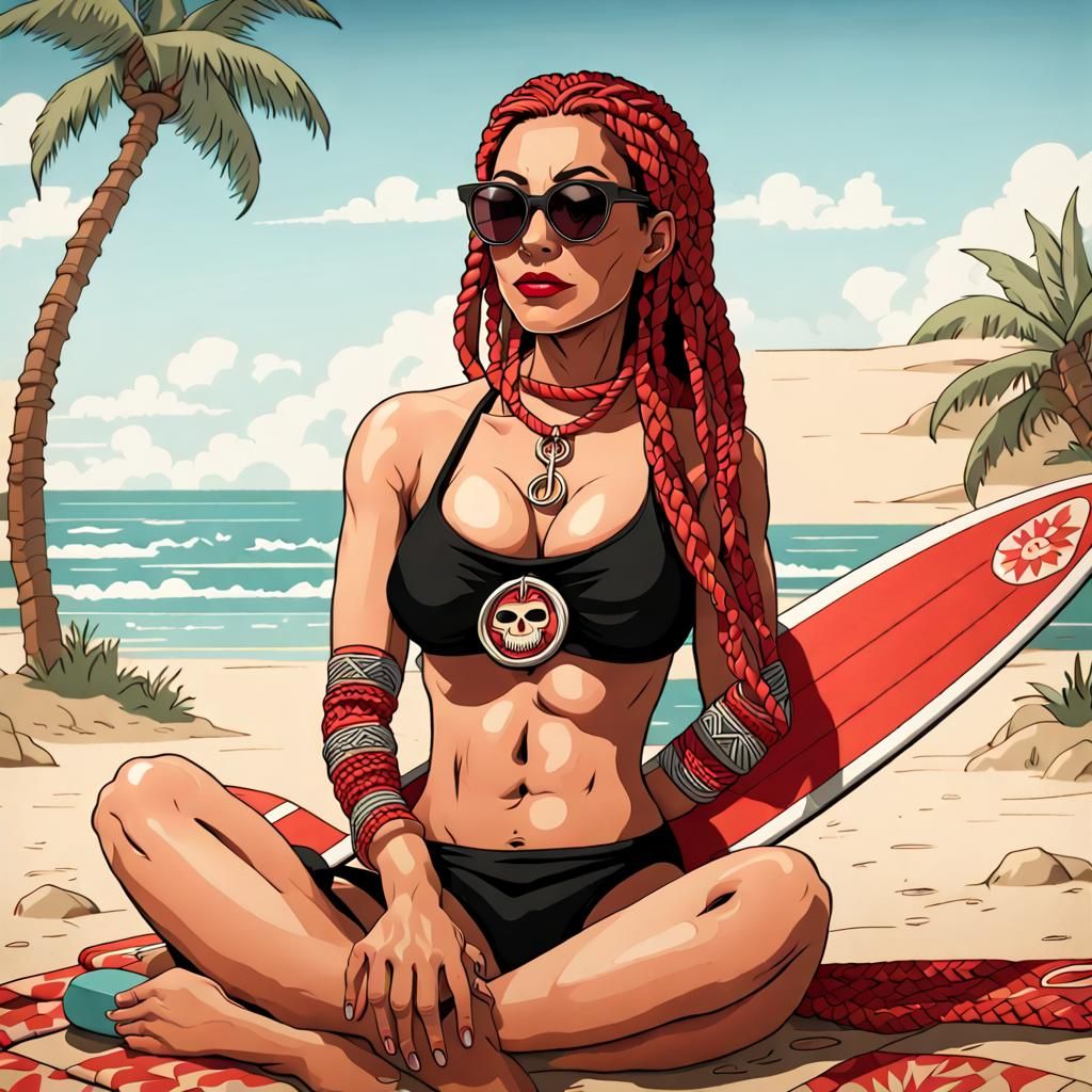 red braided hair mystic girl in a cute tiny black bikini. ro...