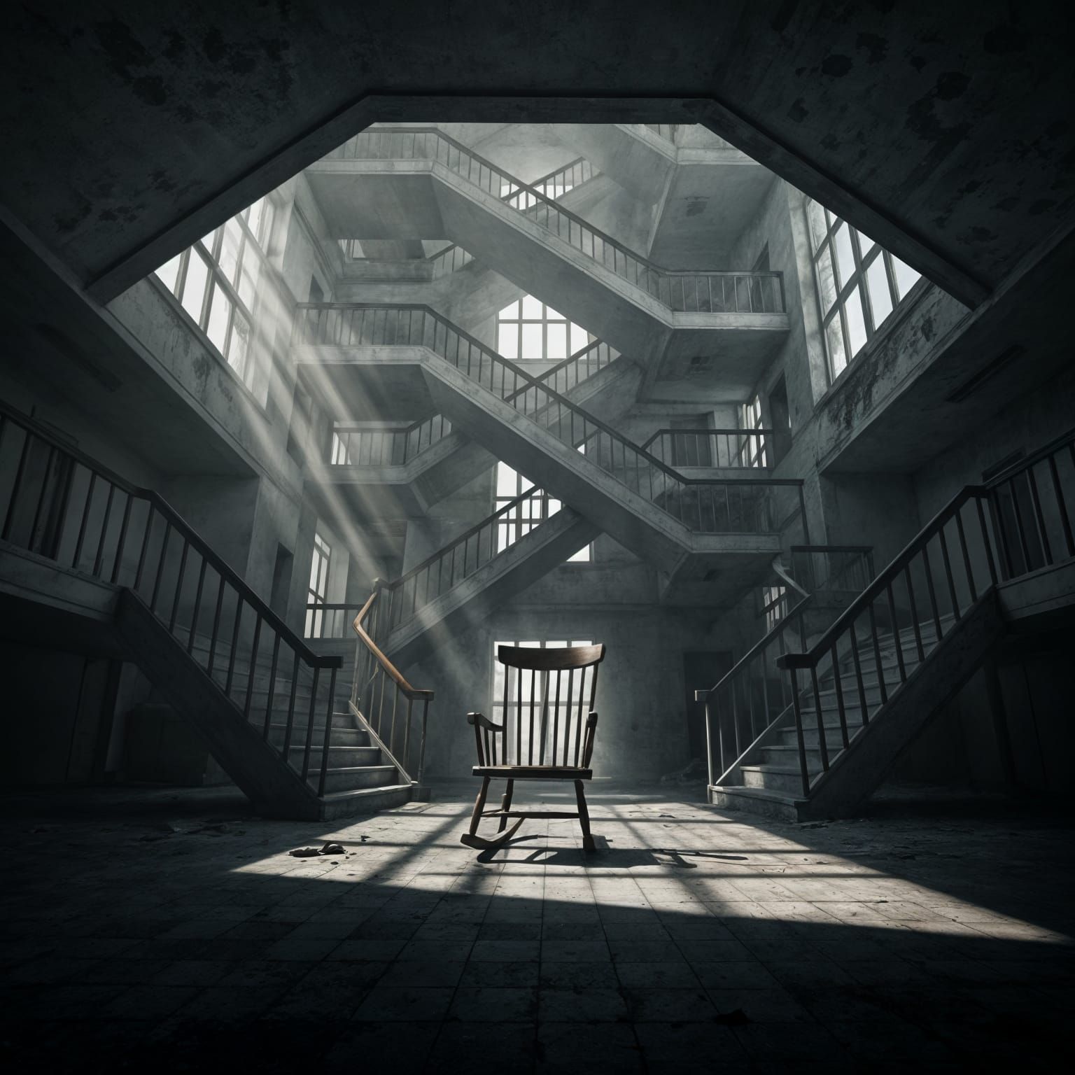 Surreal Horror: Rocking Chair in Escher-esque Hospital
