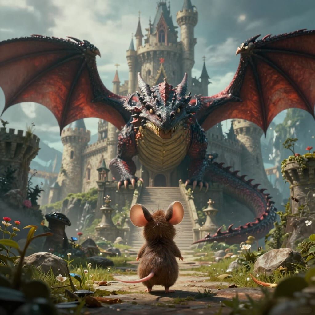 Mouse Confronts Dragon in Epic Castle Scene