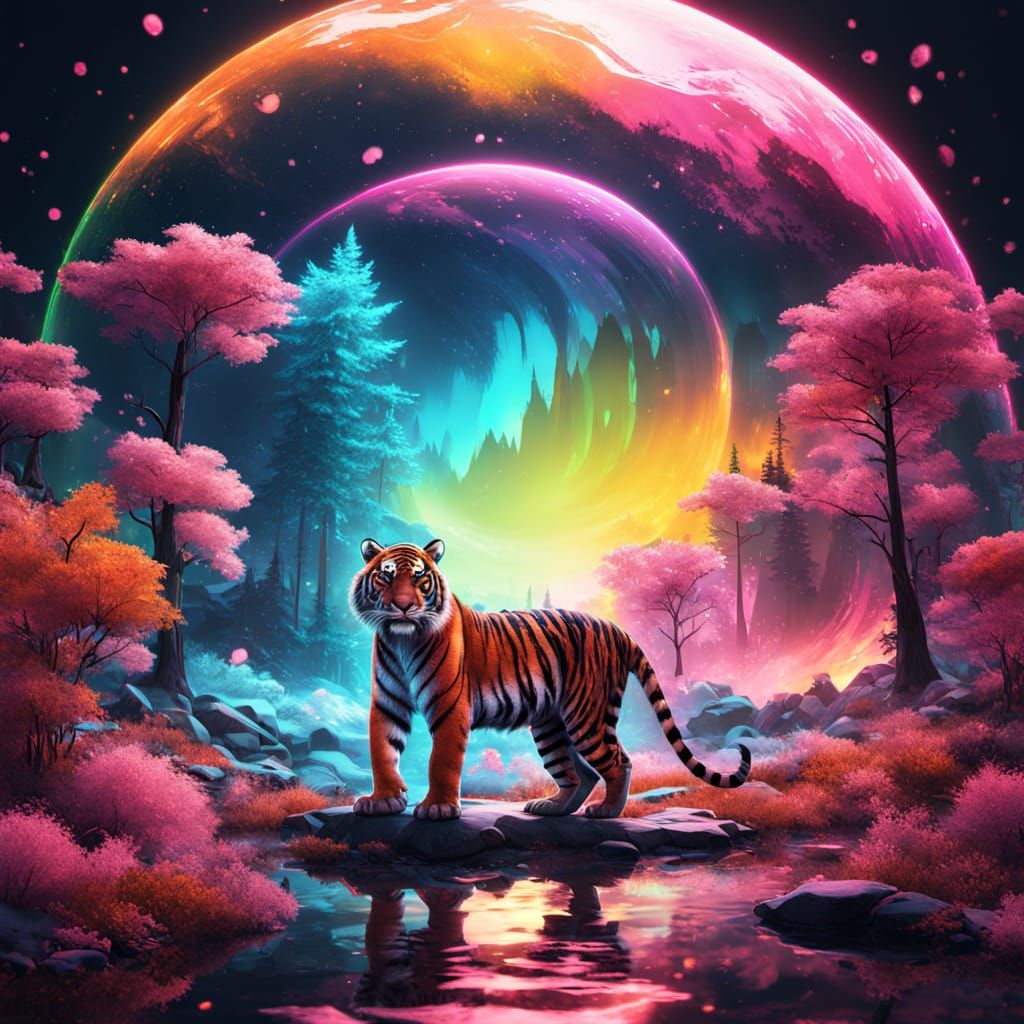 Ethereal Tiger Amidst Neon Forest Dreamscape