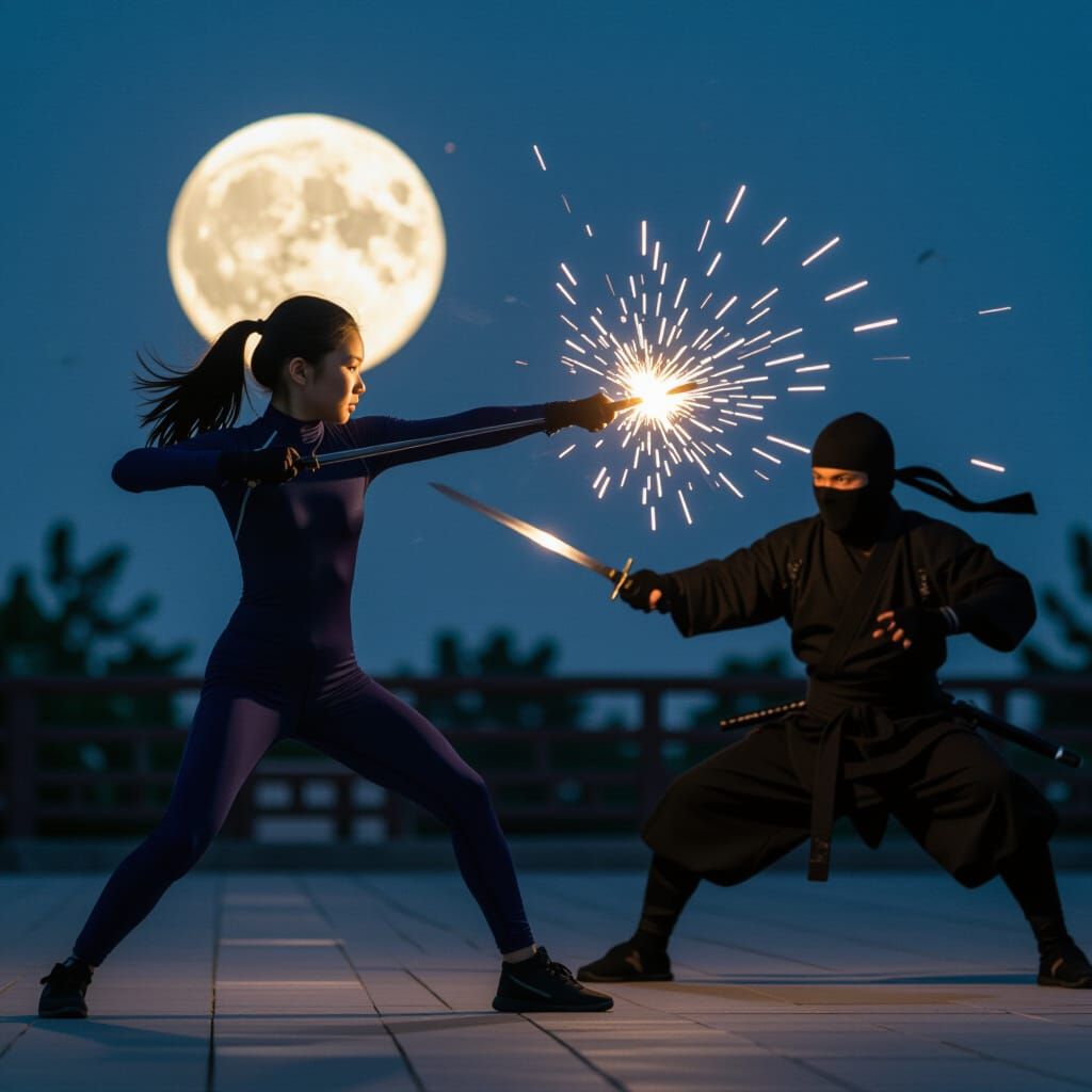 Action Shot: Girl Throws Shurikens at Ninja in Moonlight