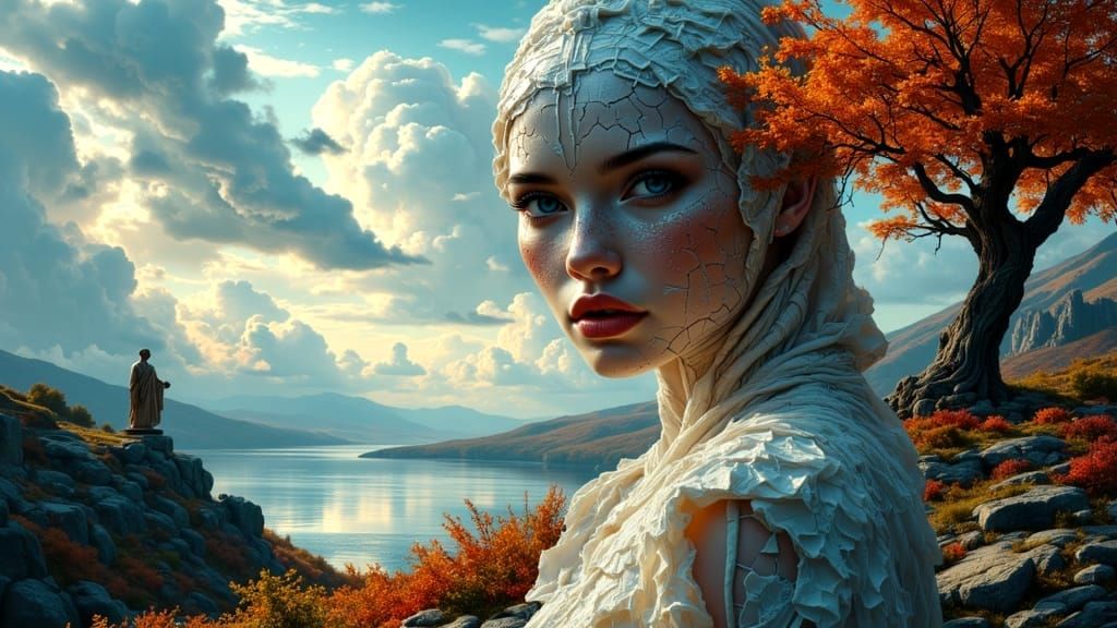 Woman's Face Merging with Autumn Landscape in 8K
