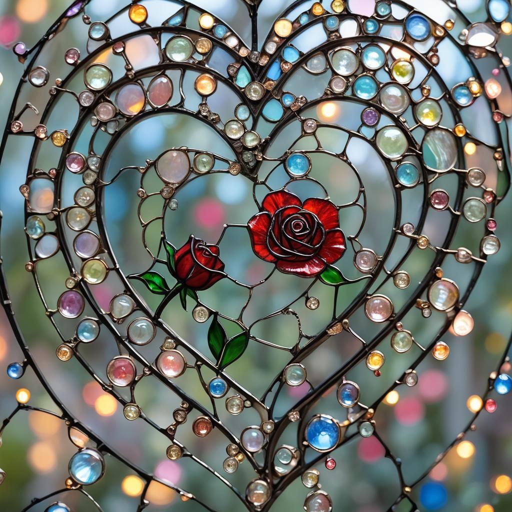 Stained Glass Heart with Rose and Pearls