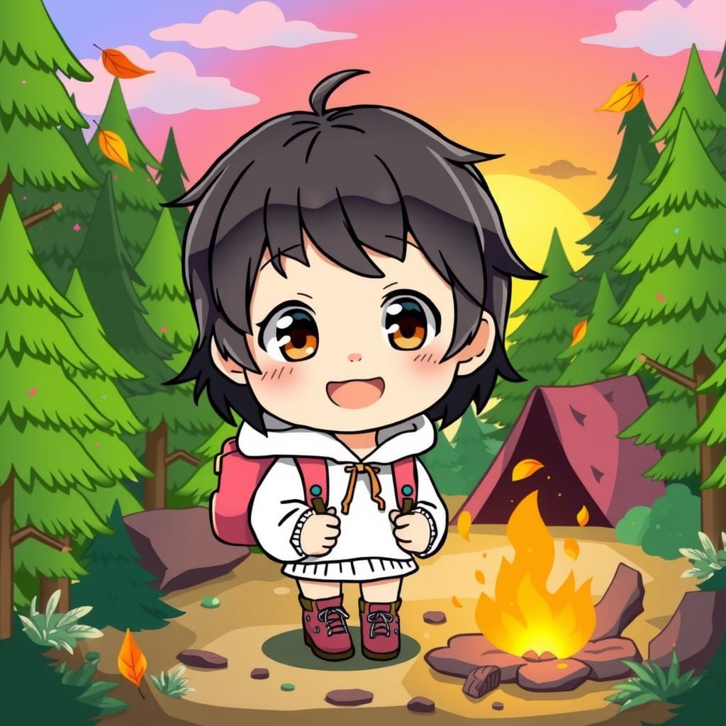Chibi Girl's Forest Adventure in Anime Style