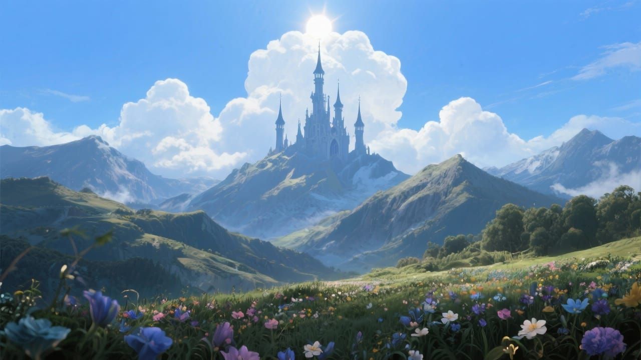 Faery Castle on Mountain Range in Fairytale Lighting