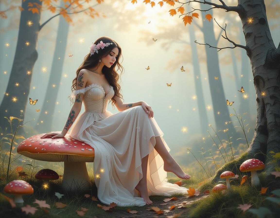 Nymph in Mystical Autumn Forest, Dreamy Fantasy Art