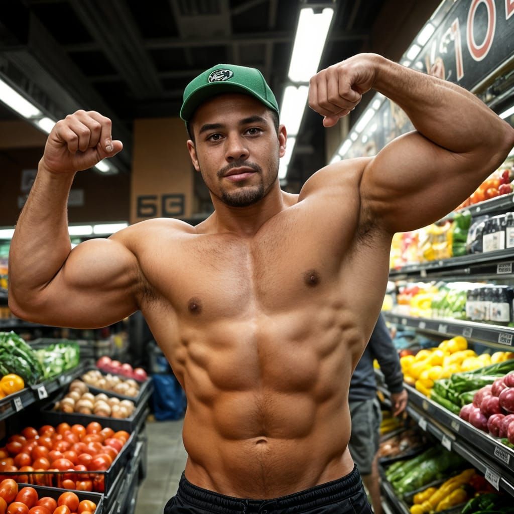 Powerlifter Grocery Shopper in Cinematic Film Style