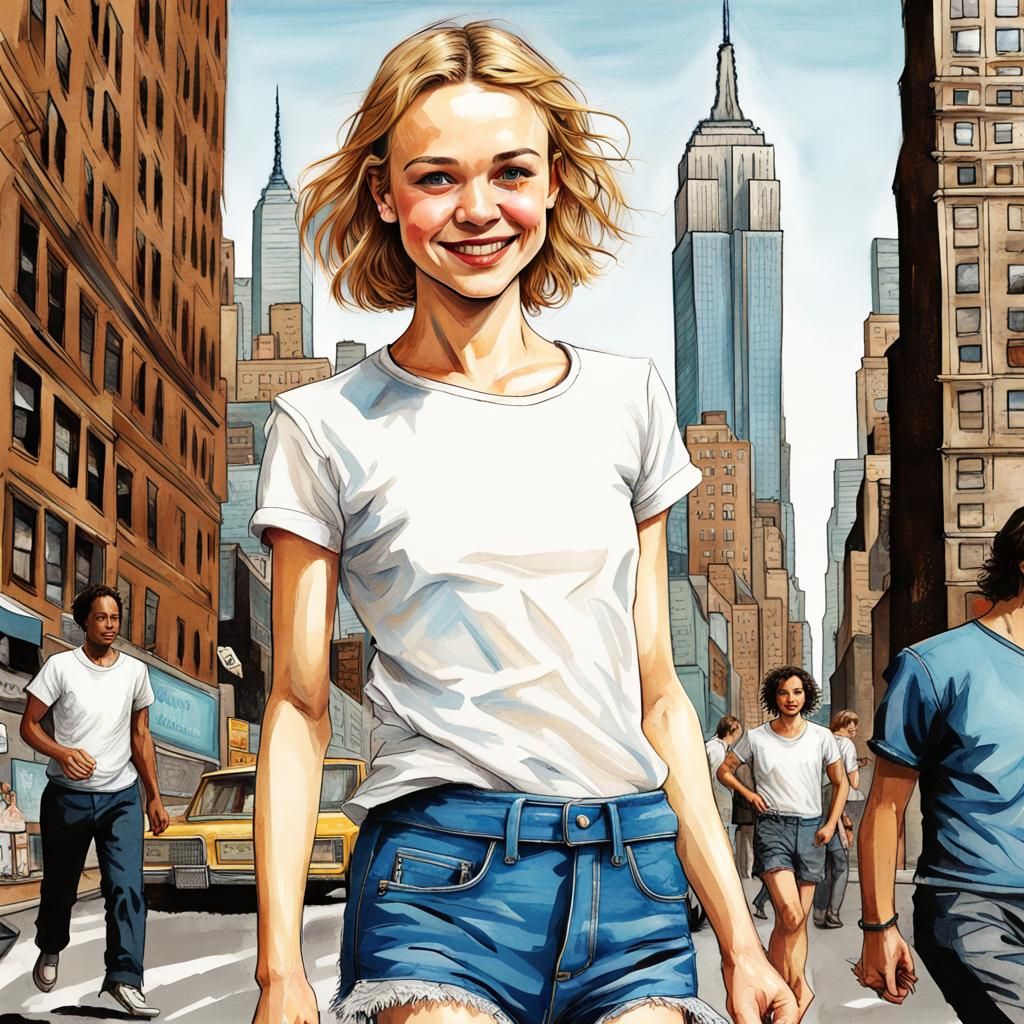 Carey Mulligan Illustration Before New York Skyline