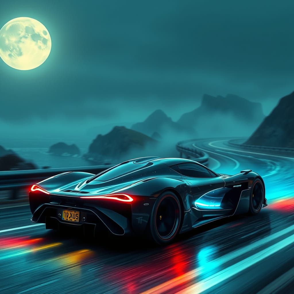 Cyberpunk Sports Car Speeds Down Coastal Highway