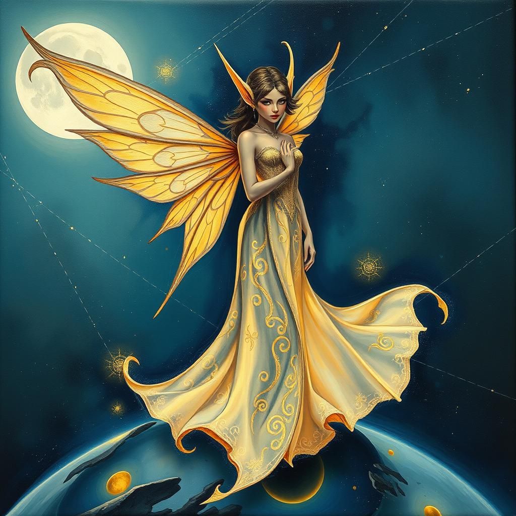 Ethereal Fairy Elf on Cosmic Planet in Surrealist Style