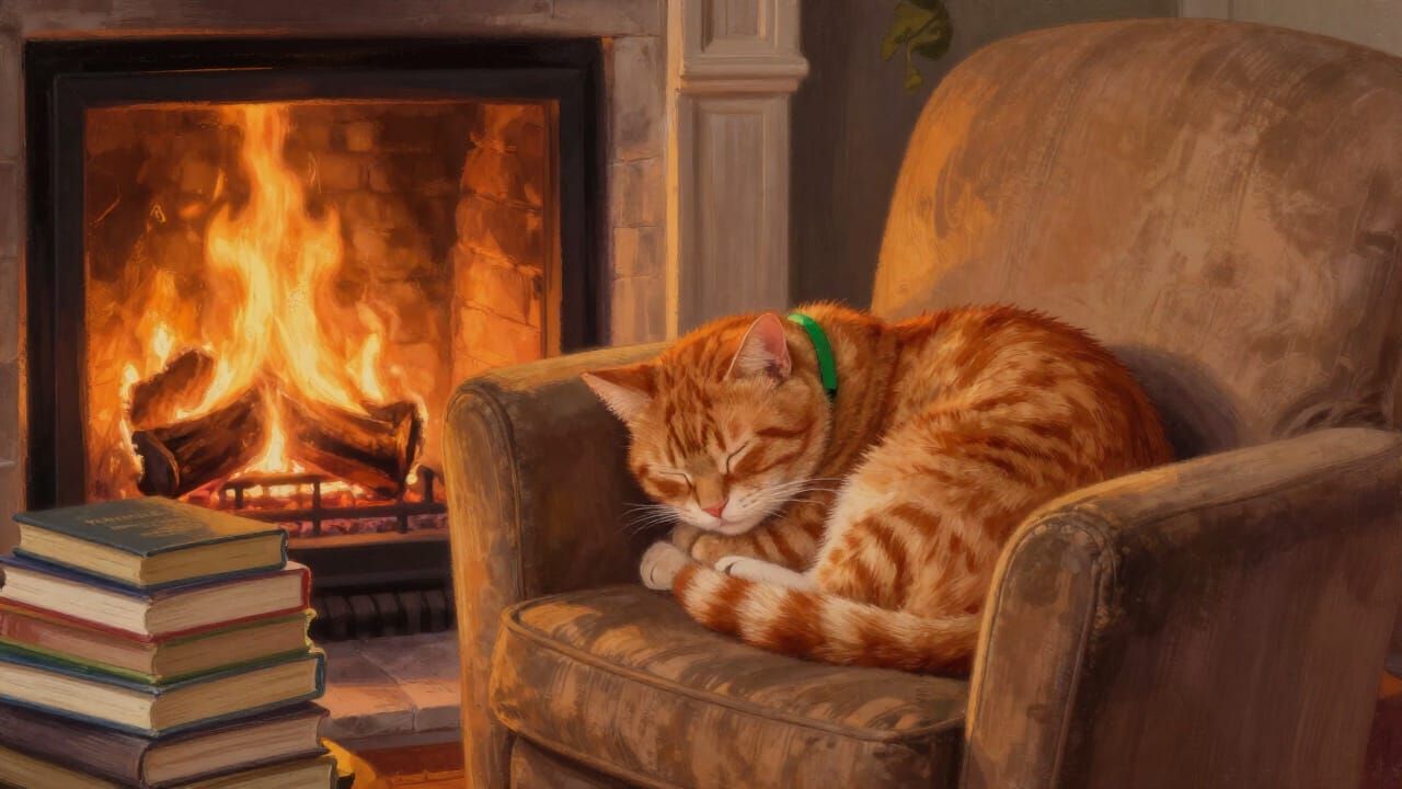 Cozy Reading Nook with Sleeping Cat and Fireplace
