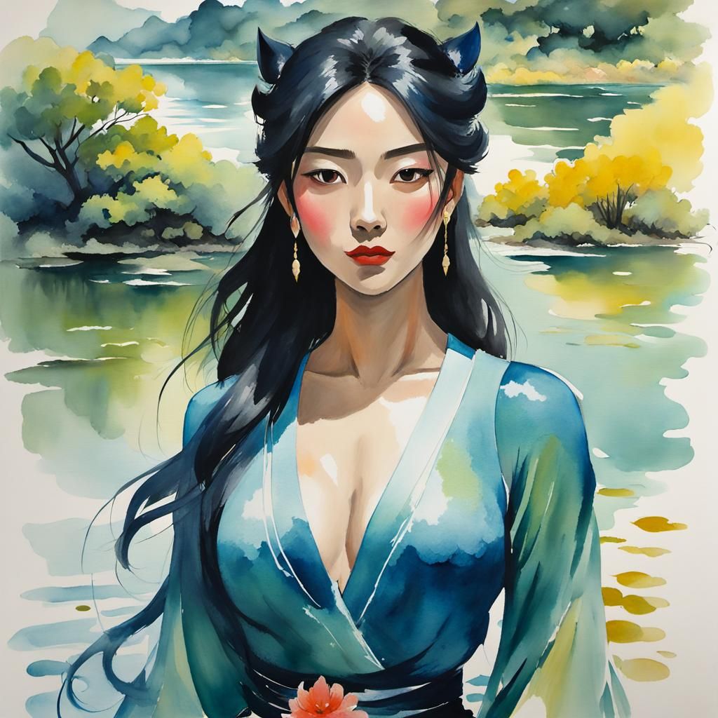 Water Demon Girl in Gouache Style Painting