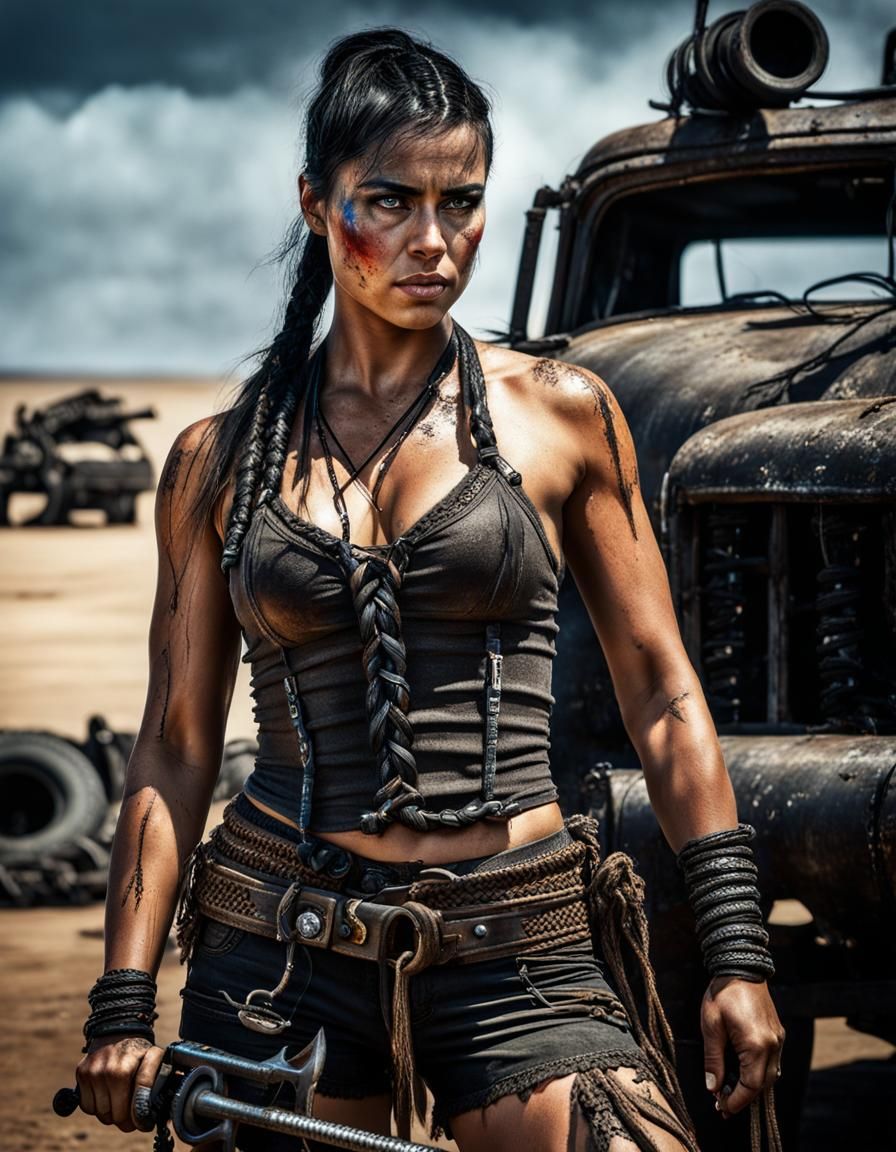 Hyperrealistic Furiosa Fixing Truck: Mad Max Inspired