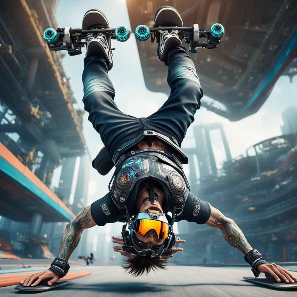 Futuristic Skateboarder Stunt Rider in Sci-Fi Style