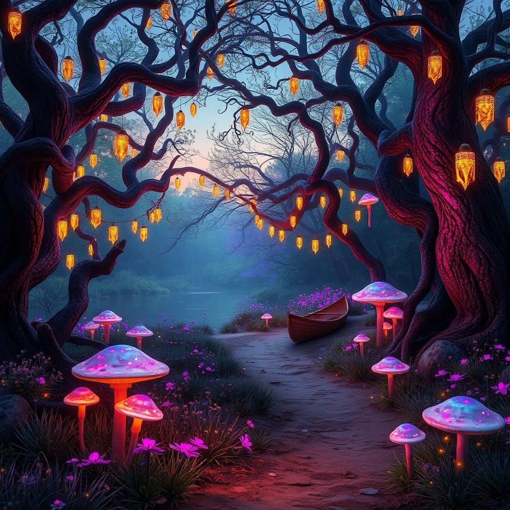 Vibrant Fairy Tail Forest at Dusk in Whimsical Style