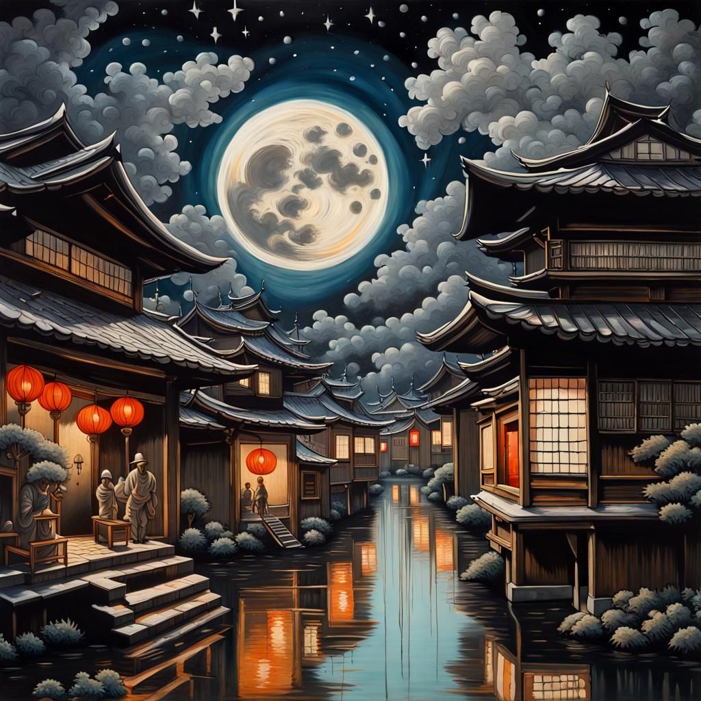 Edo Cityscape Under Starry Sky: Hyperrealistic Art