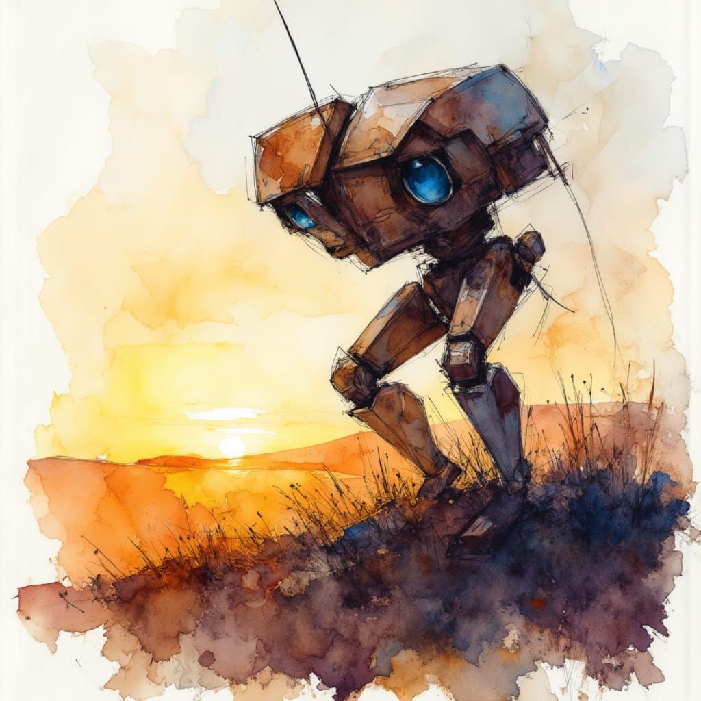 Weathered Robot at Sunrise in Expressive Watercolour Style