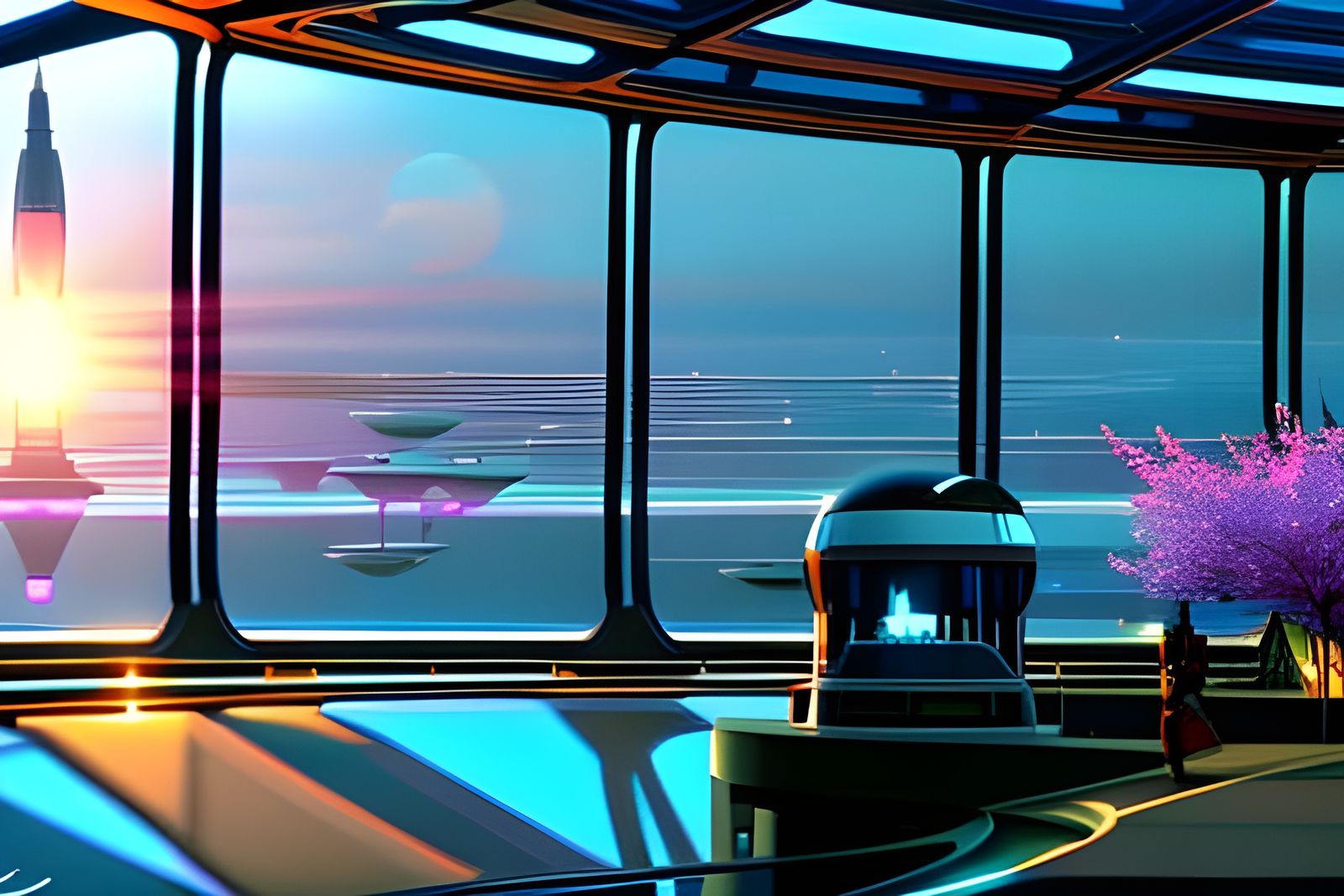 Glass-Domed SkyLab in Retrofuturistic Cyberpunk Utopia