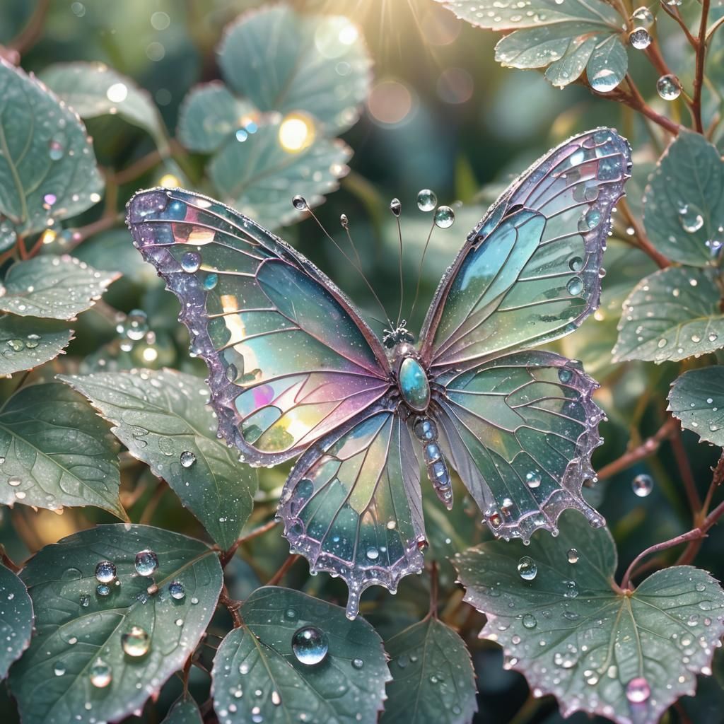 Crystal Butterfly on Dewy Leaf: Iridescent Digital Art