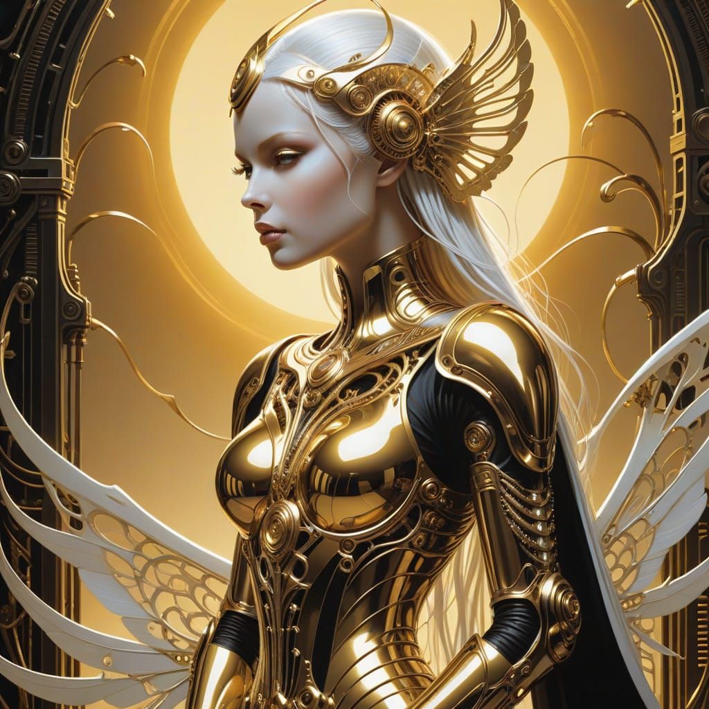 Cybernetic Goddess Awakens in Radiant Light