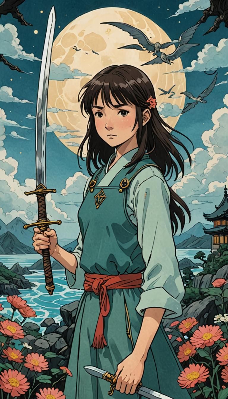 Two of Swords Tarot Card in Studio Ghibli Style