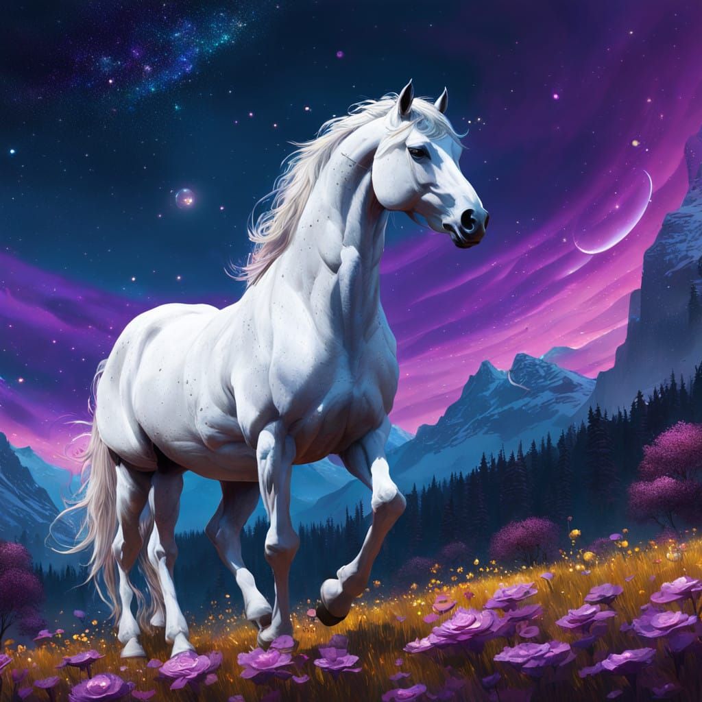 Majestic White Horse in Dreamlike Night Sky