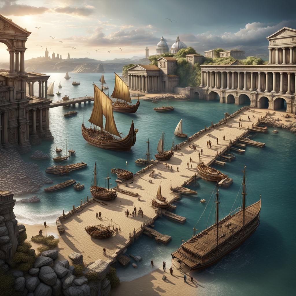 Ancient Roman Coastal City with Galleys: Detailed Matte Pain...