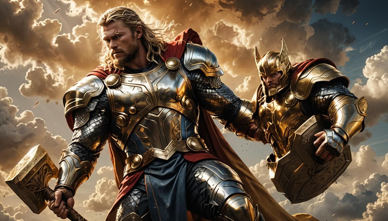 Thor in Majestic White and Gold Armour with Golden Hammer