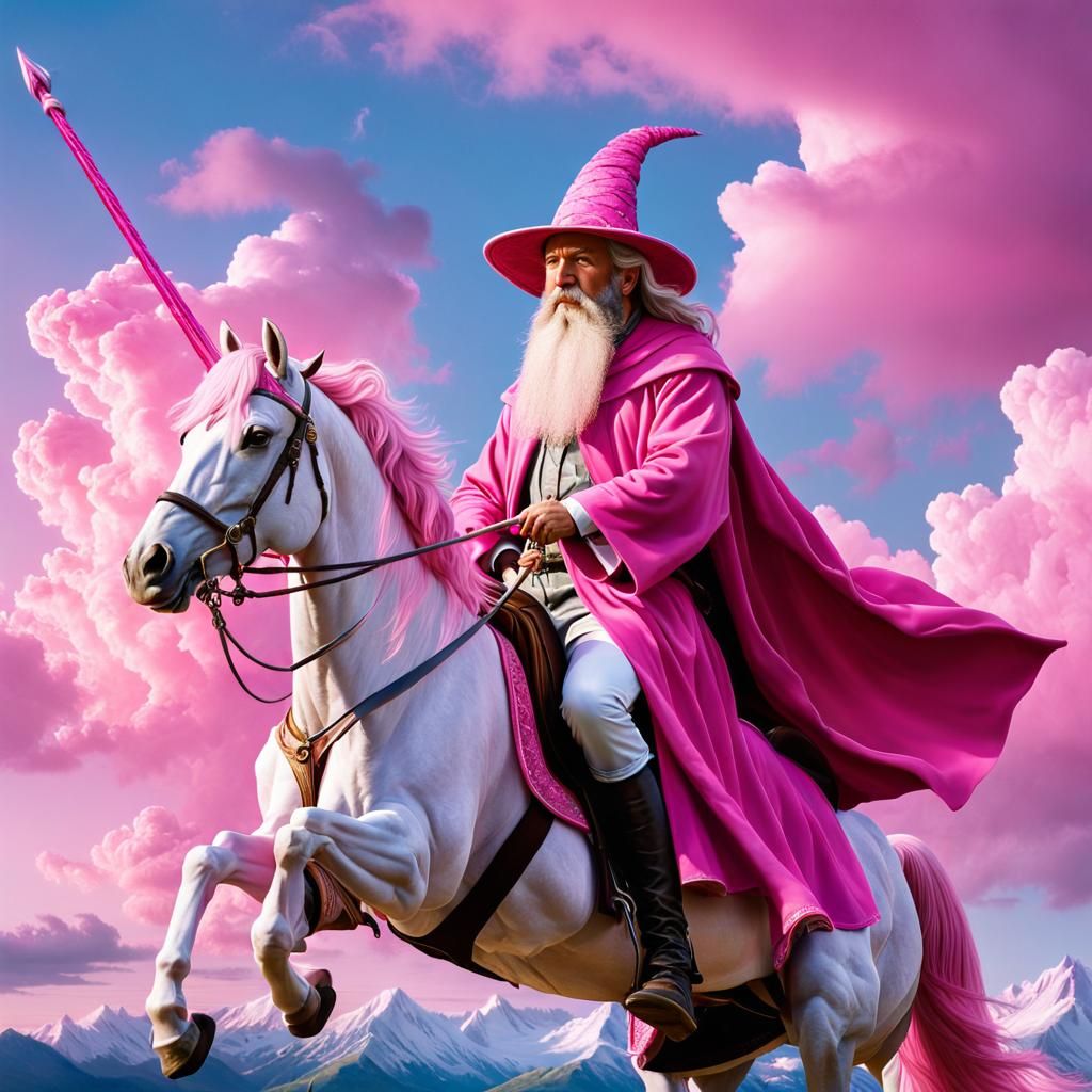 Pink Gandalf on Unicorn in Hyperrealism