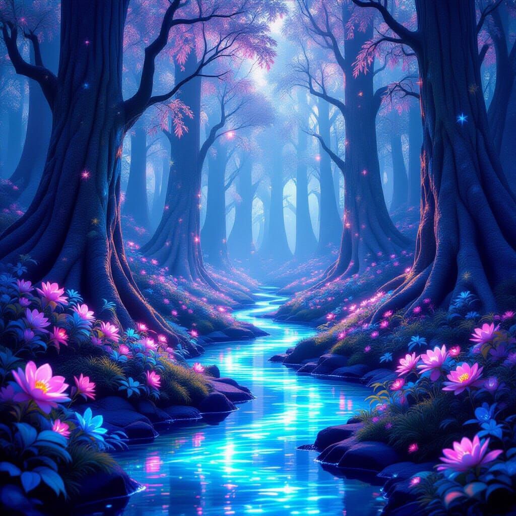 Enchanted Forest Stream with Holographic Trees