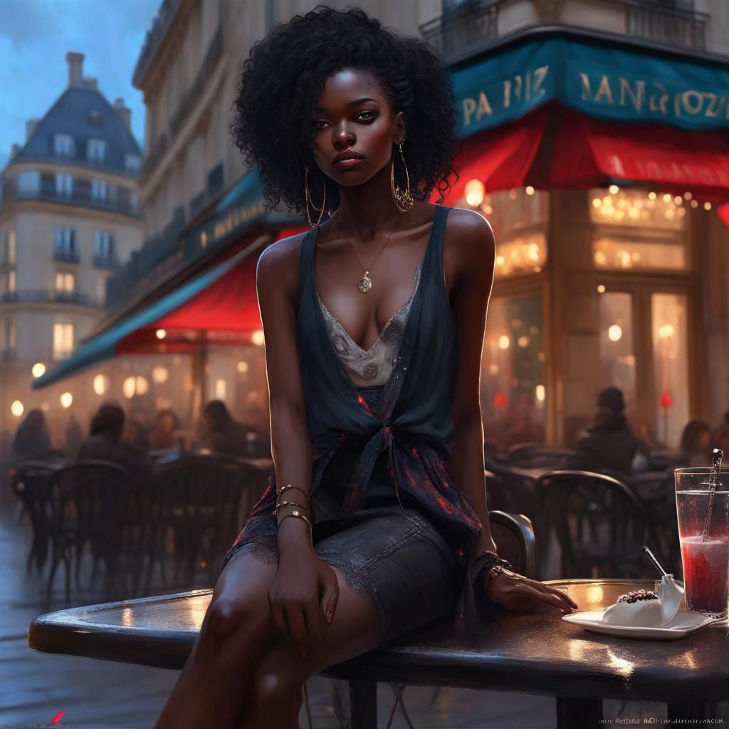 Gothic Beauty in Paris Cafe, Digital Art