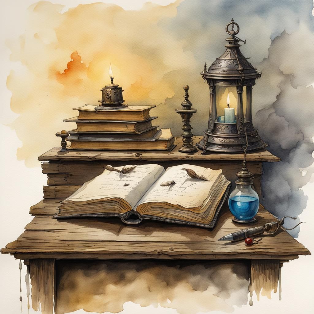Magic Book with Quill, Watercolor and Ink Illustration