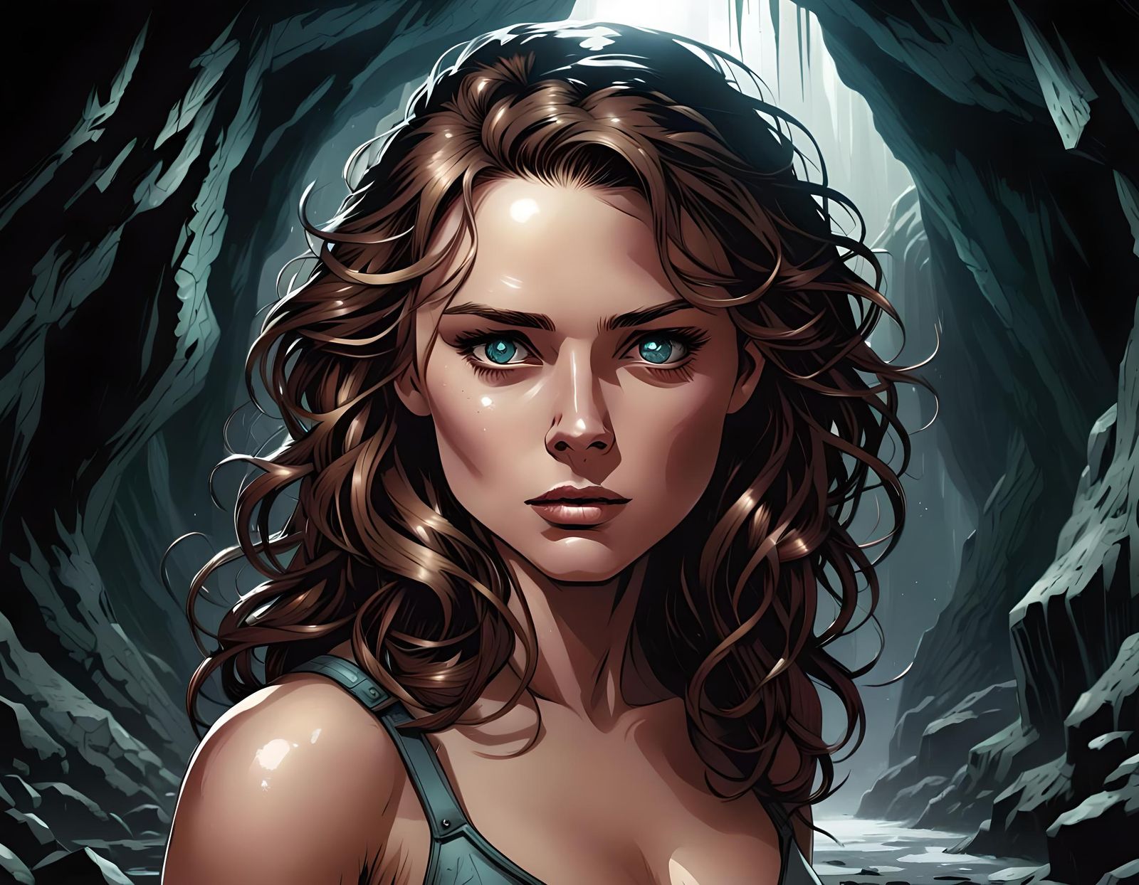 Wavy Hair Beauty in Dark Cave, Comic Book Art