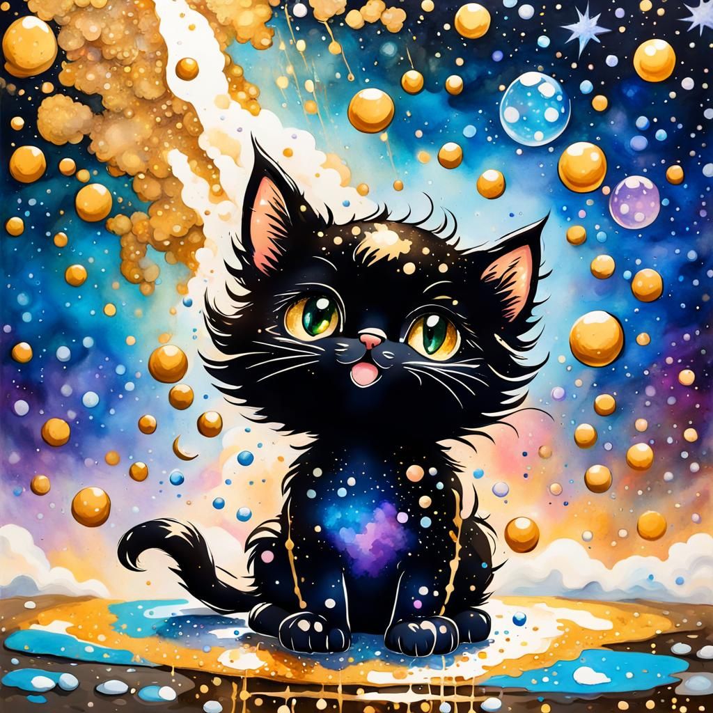 Glittering Kitten in Dreamy Celestial Gouache Landscape