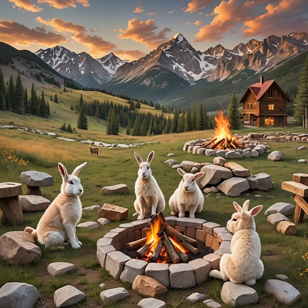 Animals Making S'mores in Mountain Meadow Digital Painting