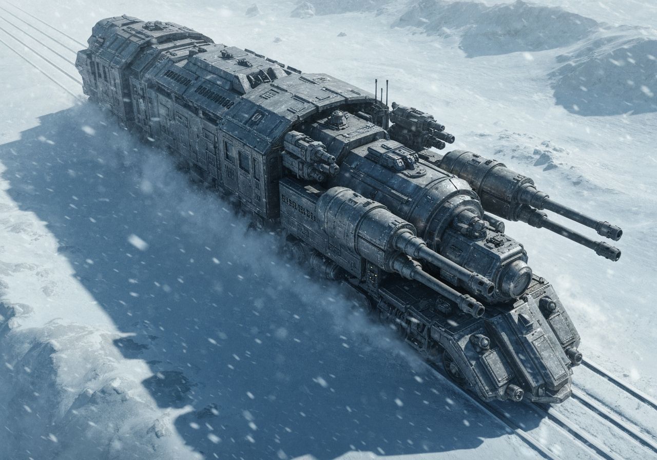 Armored Sci-Fi Train in Arctic Blizzard