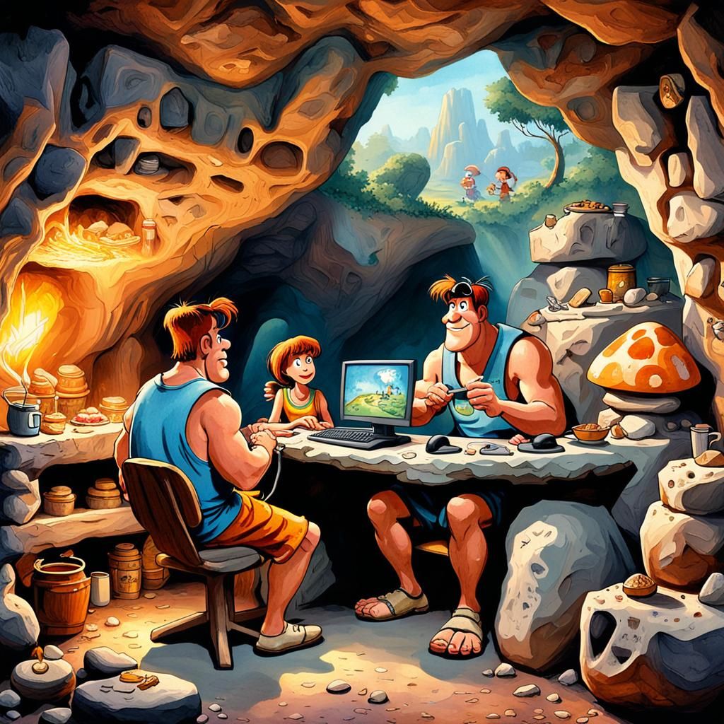 A Stone Age cave inhabited by prehistoric humans live in a utypical Stone Age lifestyle, by using a Gaming PC