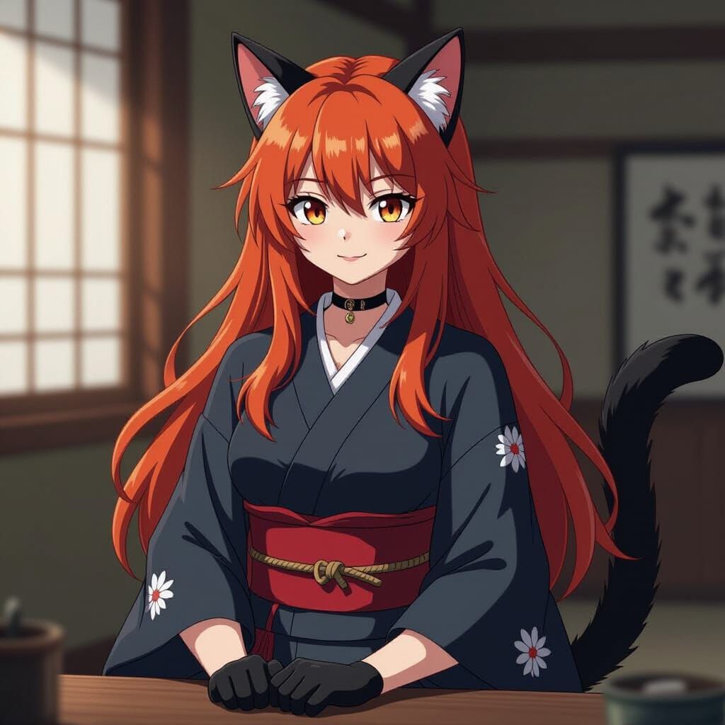 Half-Cat Woman in Traditional Japanese Attire