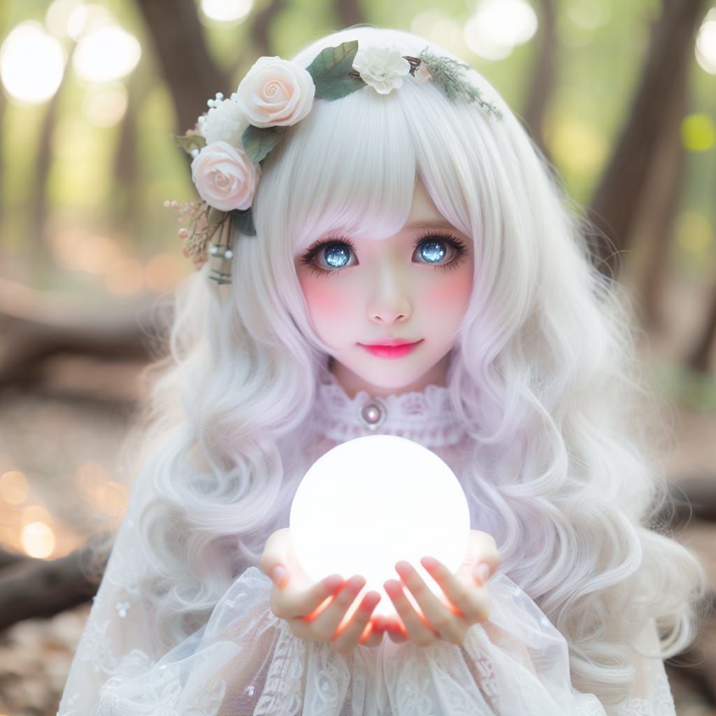 White-Haired Girl with Orb in Mystical Forest
