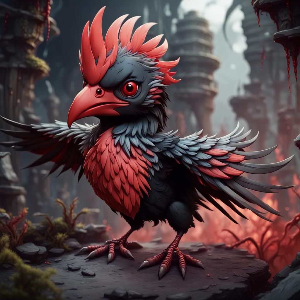 Chibi Black and Red Terror Bird Fantasy Art