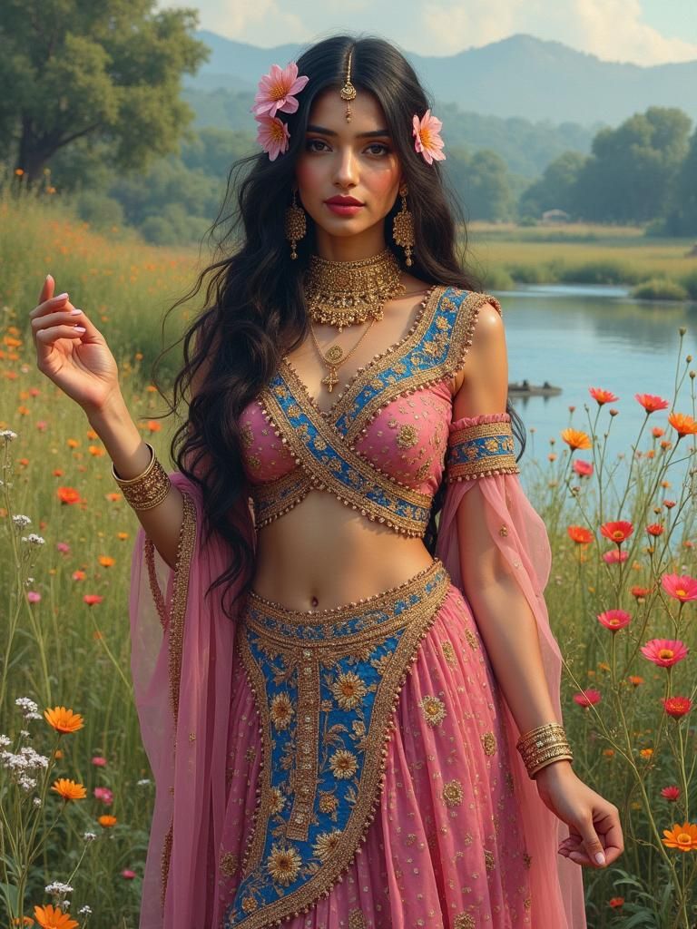 Elegant Woman in Lehenga, Indian Miniature Style