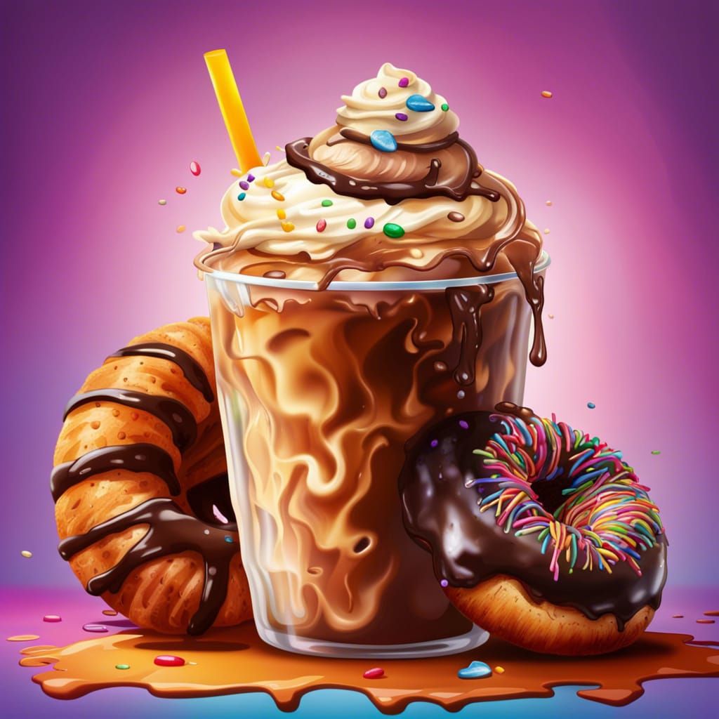 Hyperrealistic Iced Coffee, Croissant, and Donut Still Life