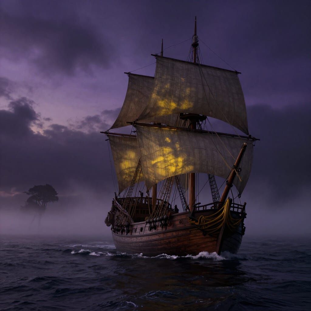 16th Century Ship Approaches Ominous Shore in Twilight