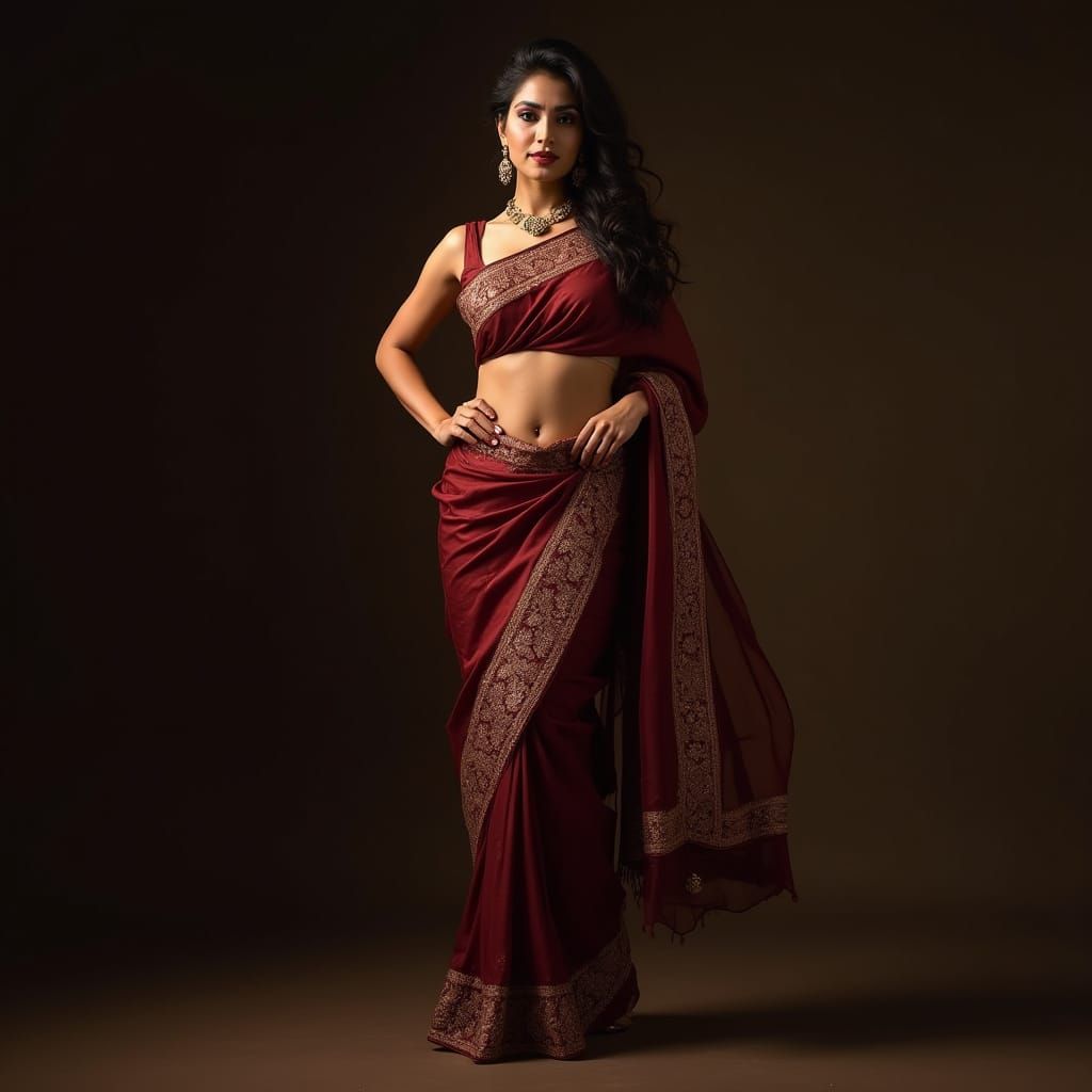 Indian Beauty in Traditional Saree with Deep Maroon Embroide...